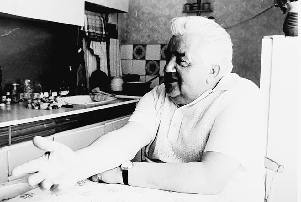 Six black-and-white film stills in turn: faces of characters, a kitchen, a yard in front of a house, a woman in the rain and a clapperboard on set.