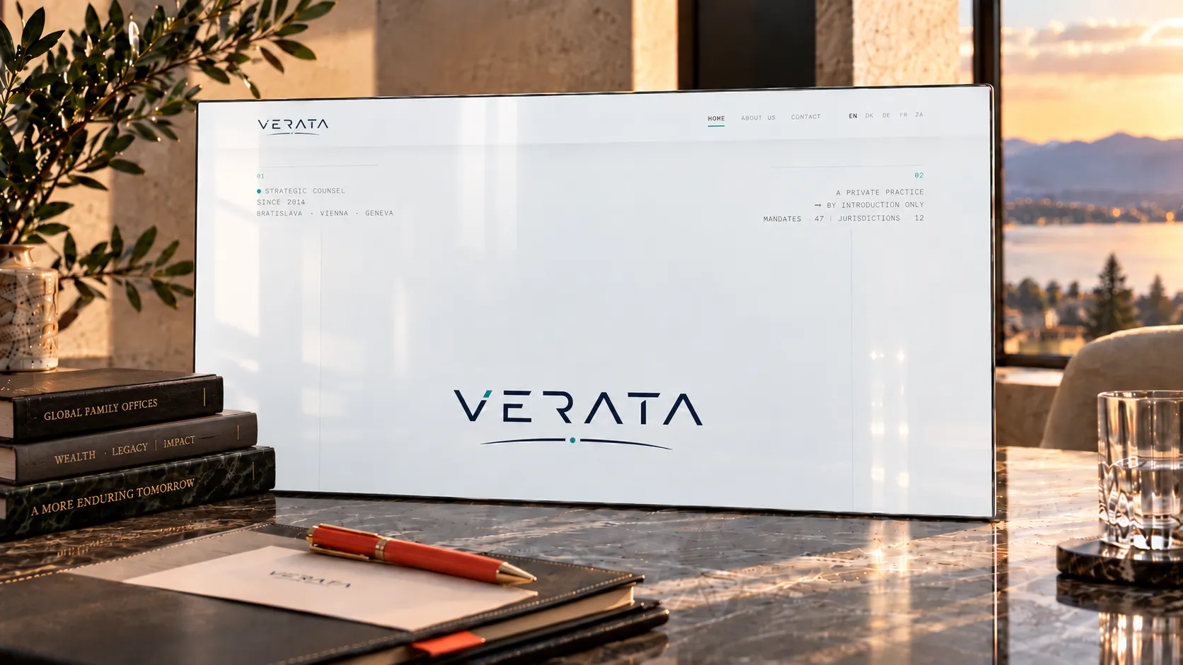 The VERATA home page shown on a screen in an advisory interior at sunset, with a stack of books, a leather notebook and a coral pen beside it.