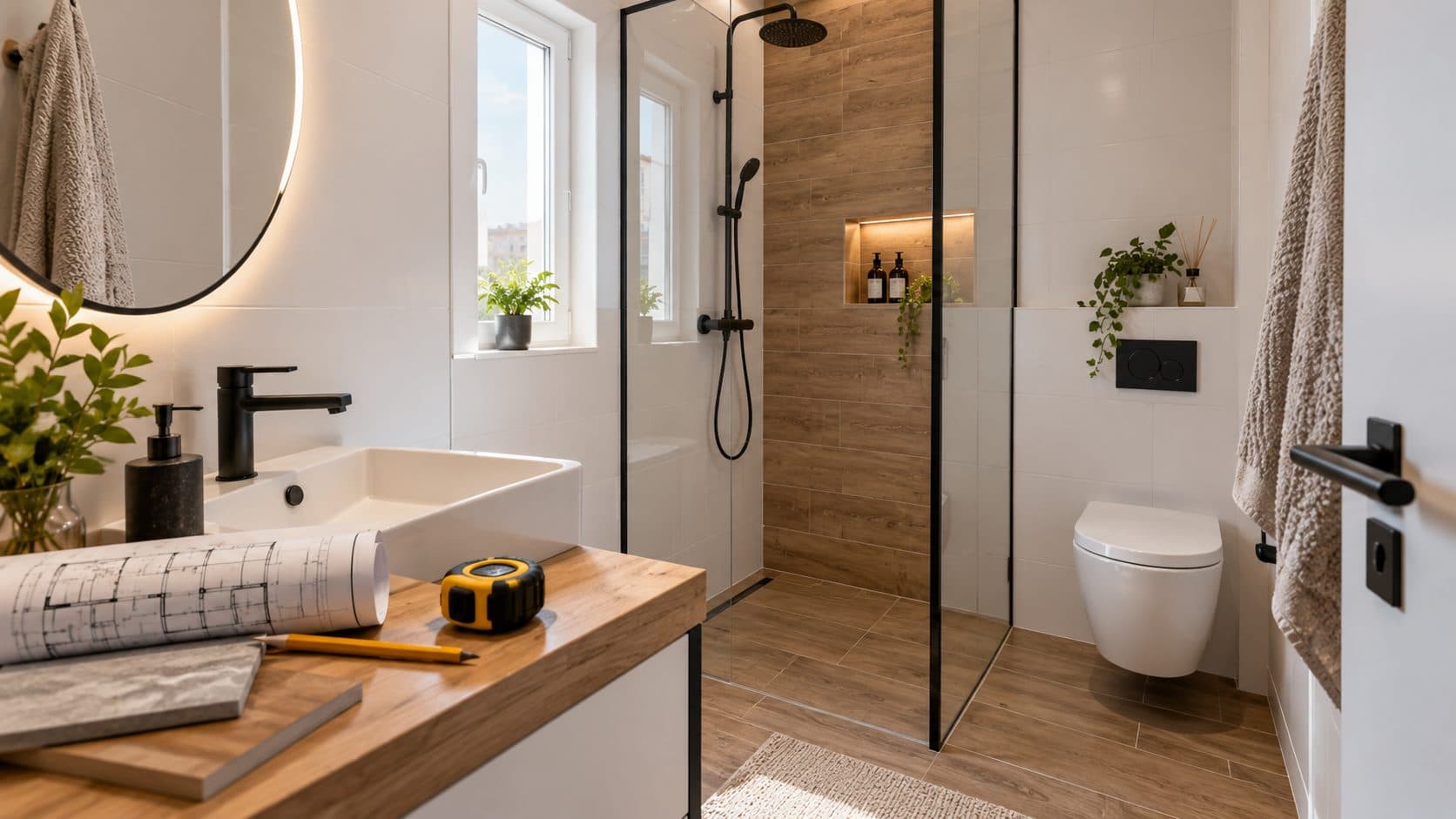 A renovated bathroom with a walk-in shower, wood-effect tiles and a wall-hung toilet, drawings and a tape measure on the counter