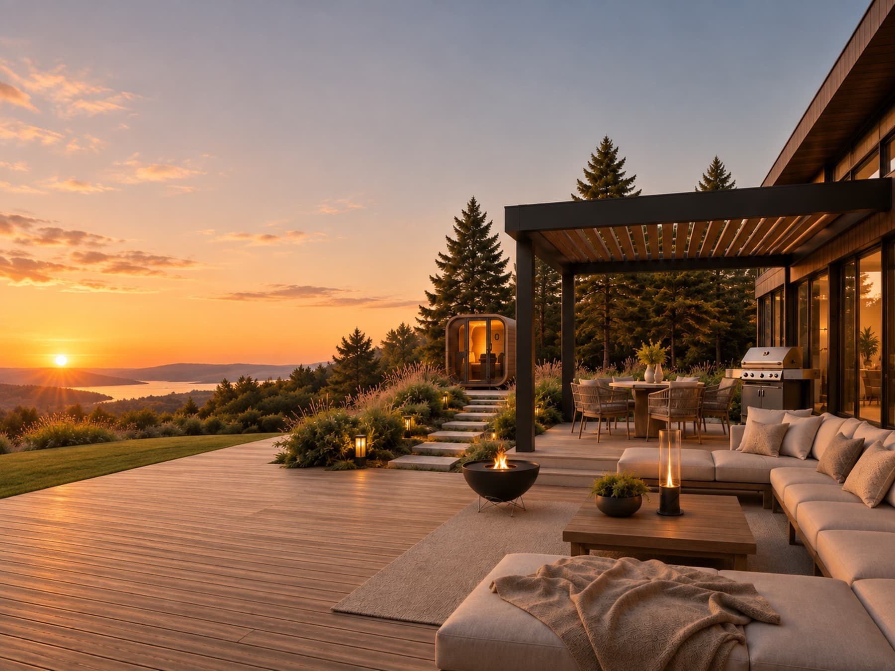 Evening terrace with a pergola, sauna and outdoor seating at sunset.