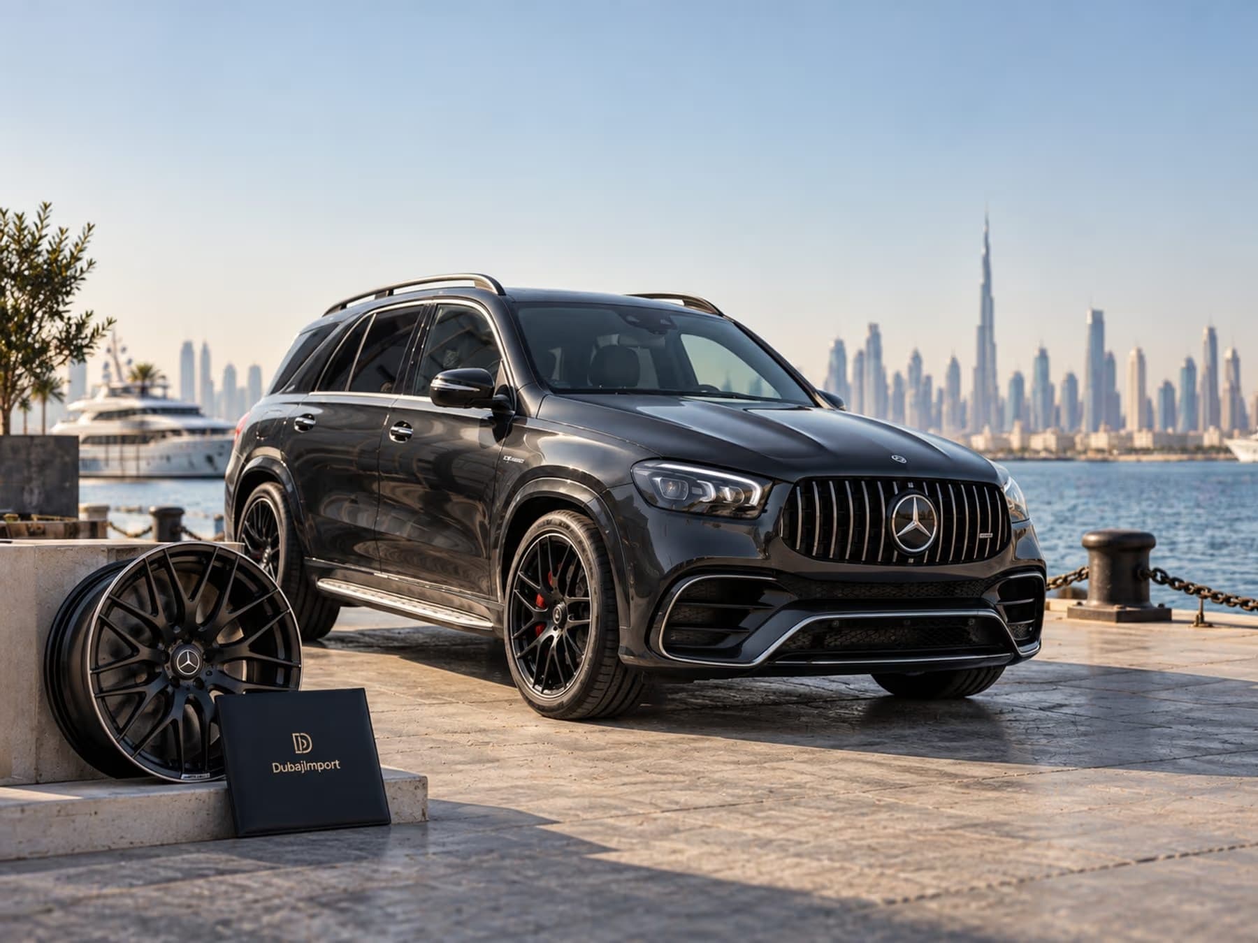 A black SUV on the Dubai waterfront, a wheel and a folder with the client’s logo beside it, the city skyline behind