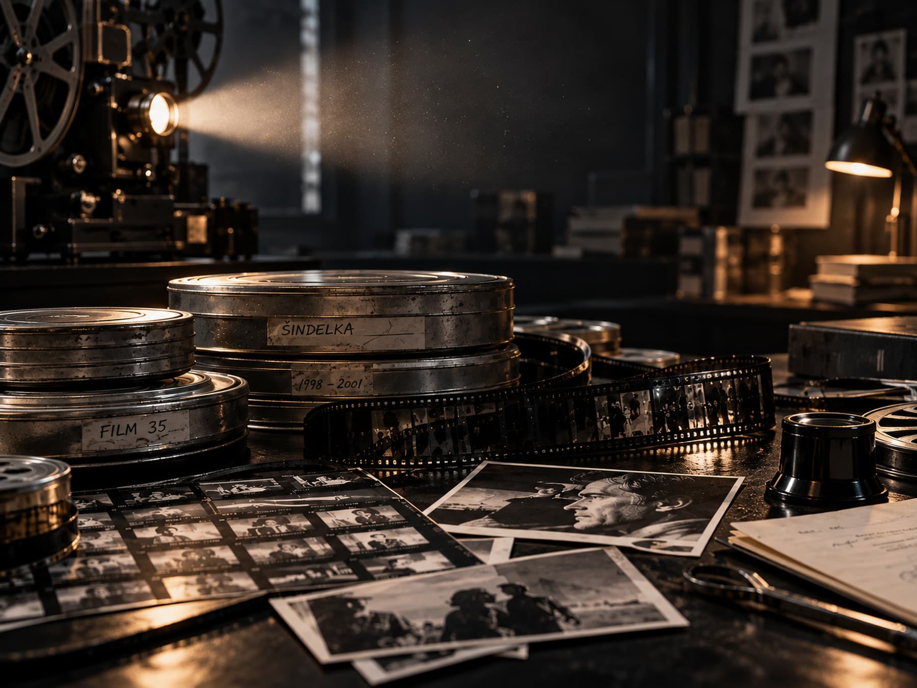 Film cans labelled FILM 35 and Šindelka, a strip of film, contact sheets and black-and-white prints on a desk under a projector beam in a dark archive.