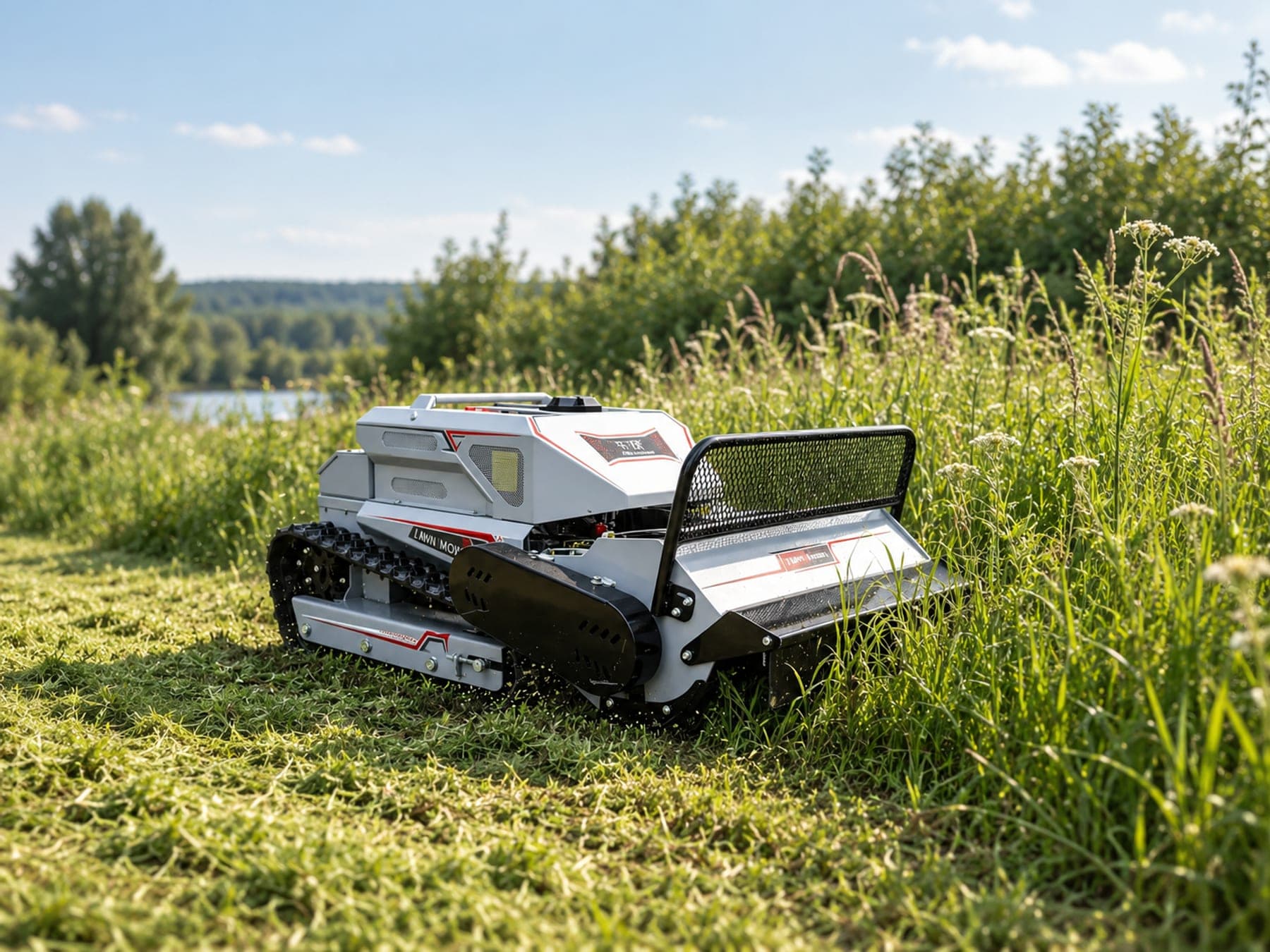 Remote-controlled tracked mower working along the edge of tall grass.