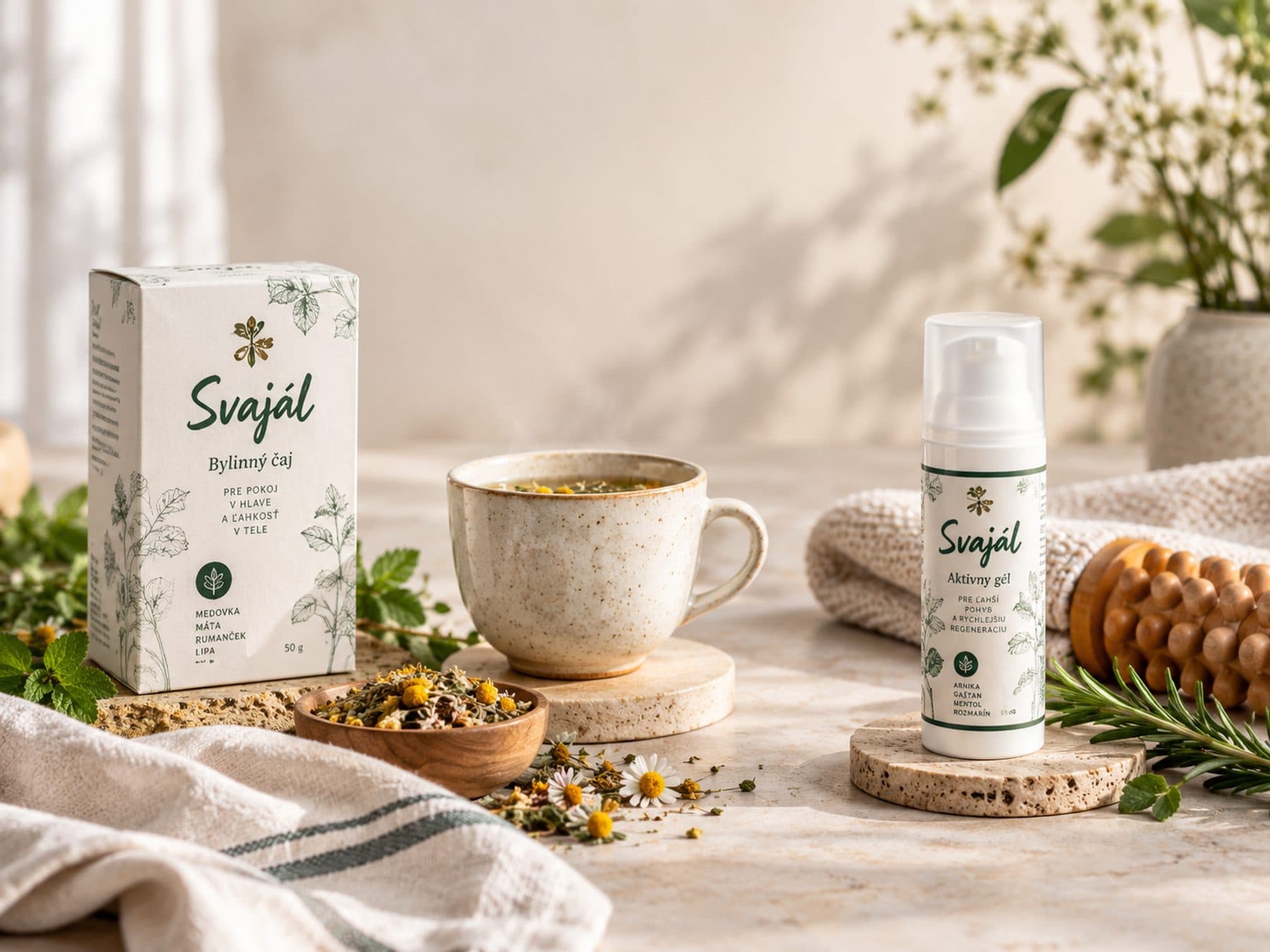 Svajál herbal tea, Active gél, a cup of tea and herbs on a light table
