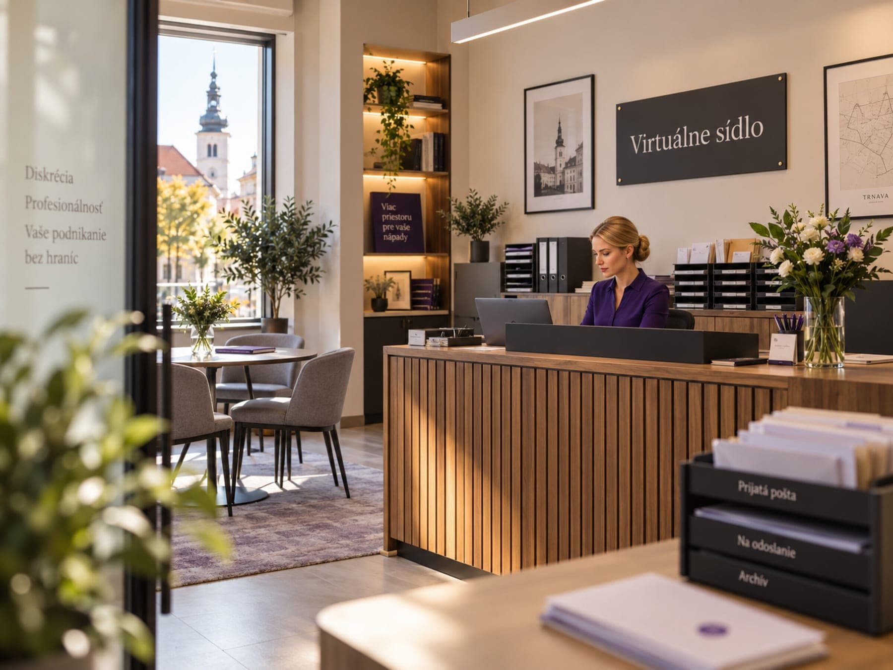A virtual-office reception with a 'Virtuálne sídlo' sign on the wall, a receptionist at the desk with mail trays, a town tower through the window