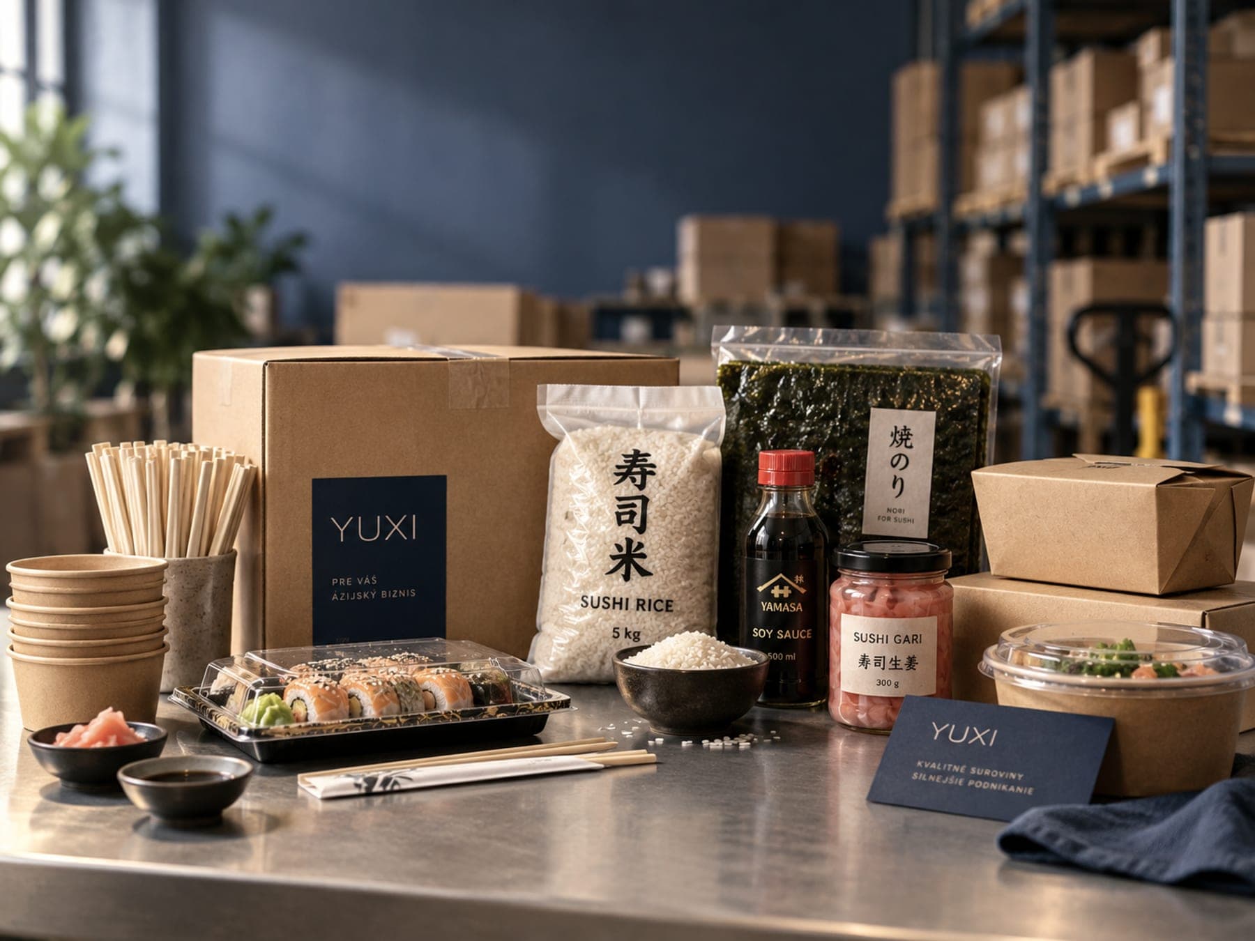 The yuxi.sk website on a monitor and a phone among packaging and ingredients for Asian cuisine