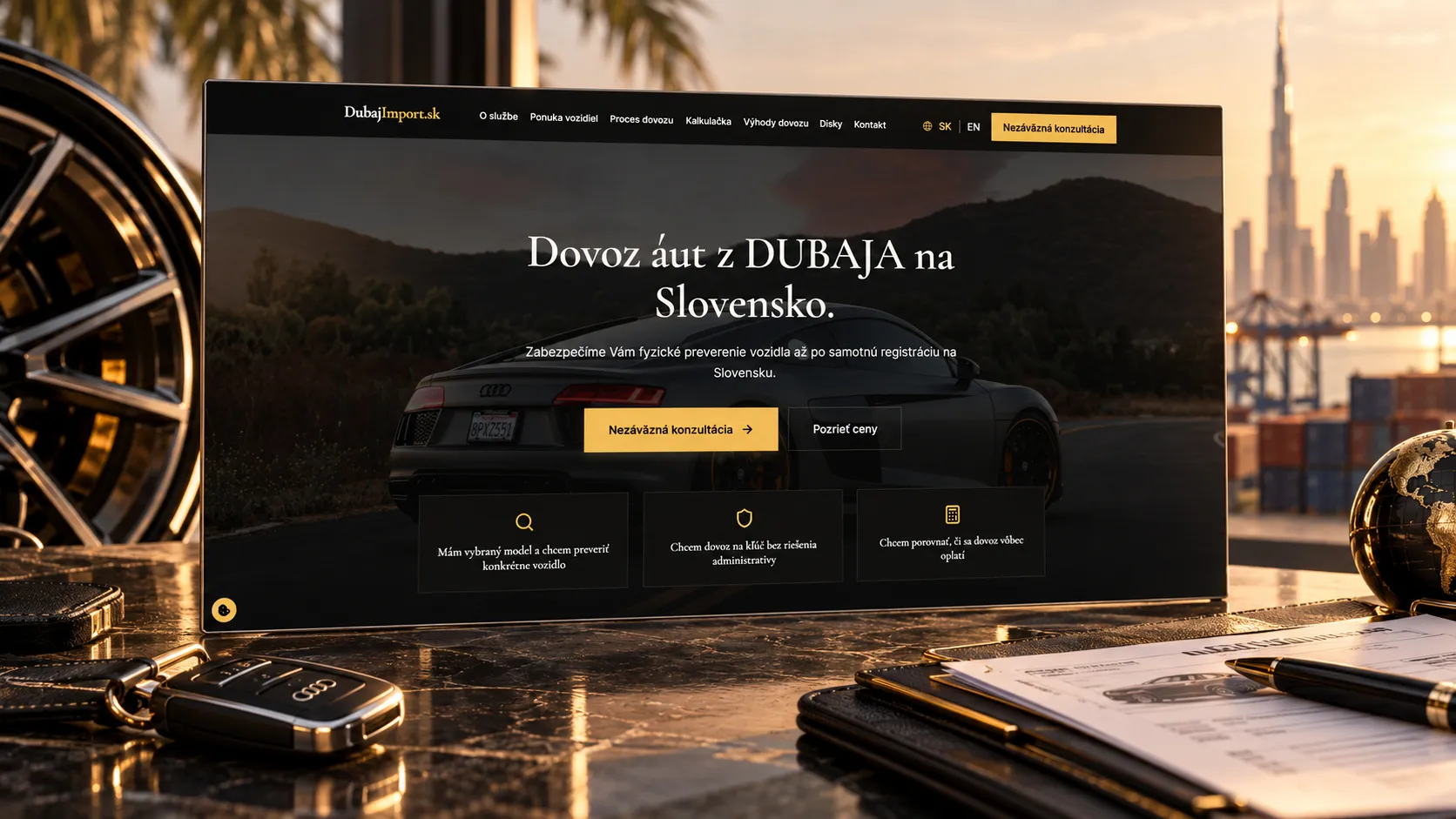 The Dubaj Import home page on a monitor on a desk with a car key, a wheel and a contract, Dubai at sunset in the background.