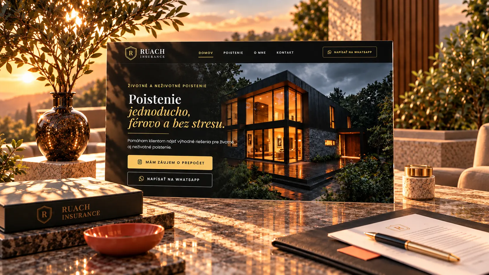 The RUACH Insurance home page on a panel on a stone terrace table at sunset, with a branded folder, a pen and documents beside it.