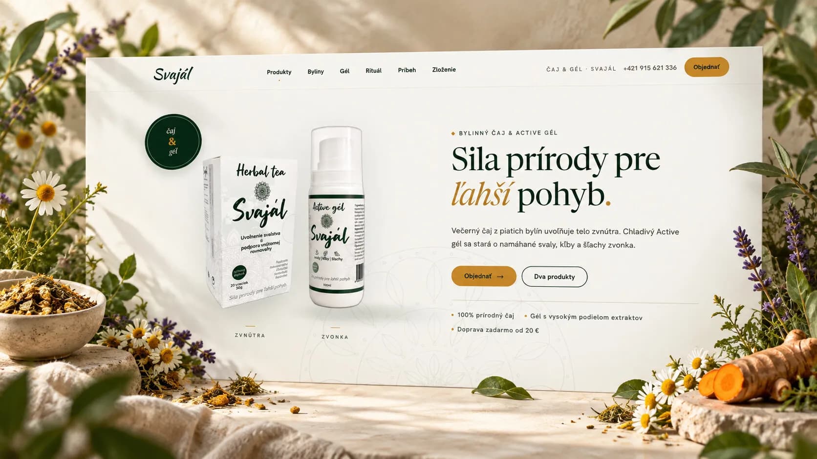 The Svajál website home screen among herbs, chamomile and a turmeric root.
