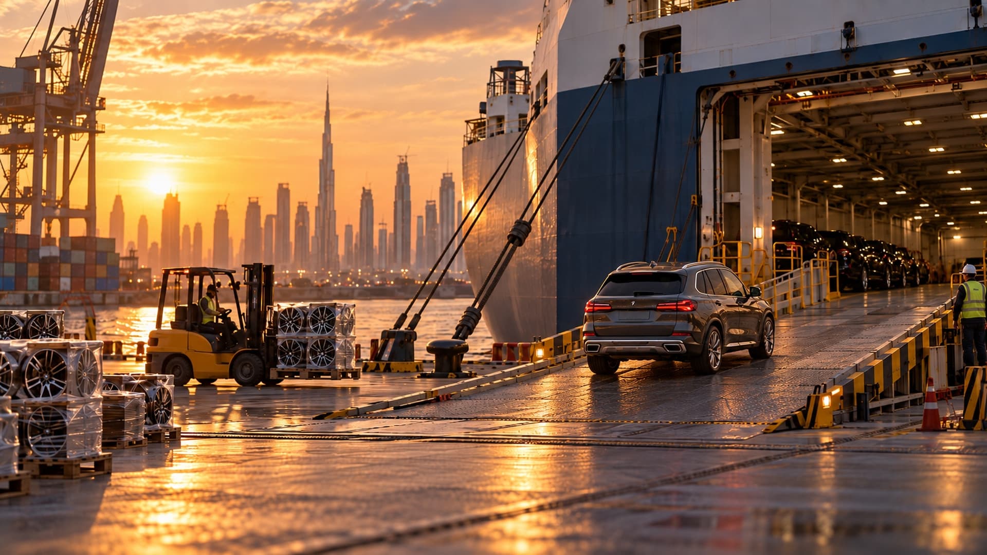 A car and a shipment of wheels being loaded onto a ship in Dubai at sunset.