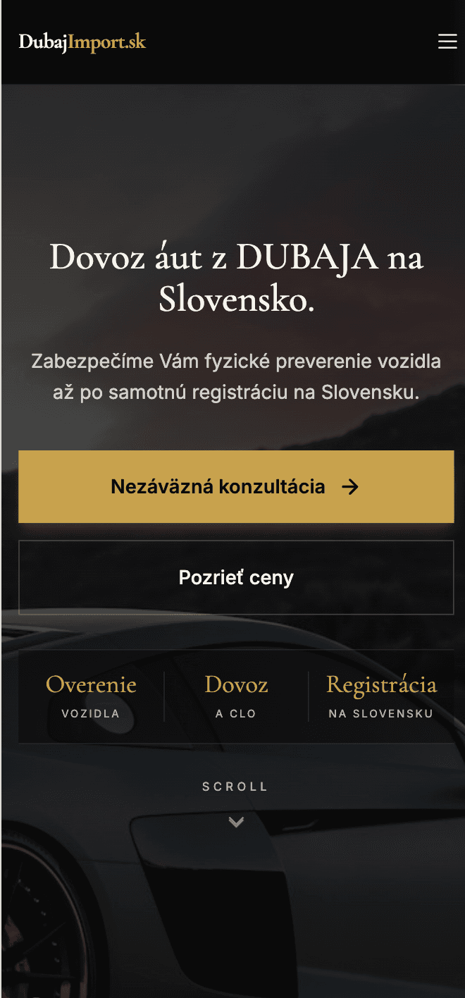 The Dubaj Import mobile home screen with the heading “Dovoz áut z Dubaja na Slovensko” and a button for a free consultation.