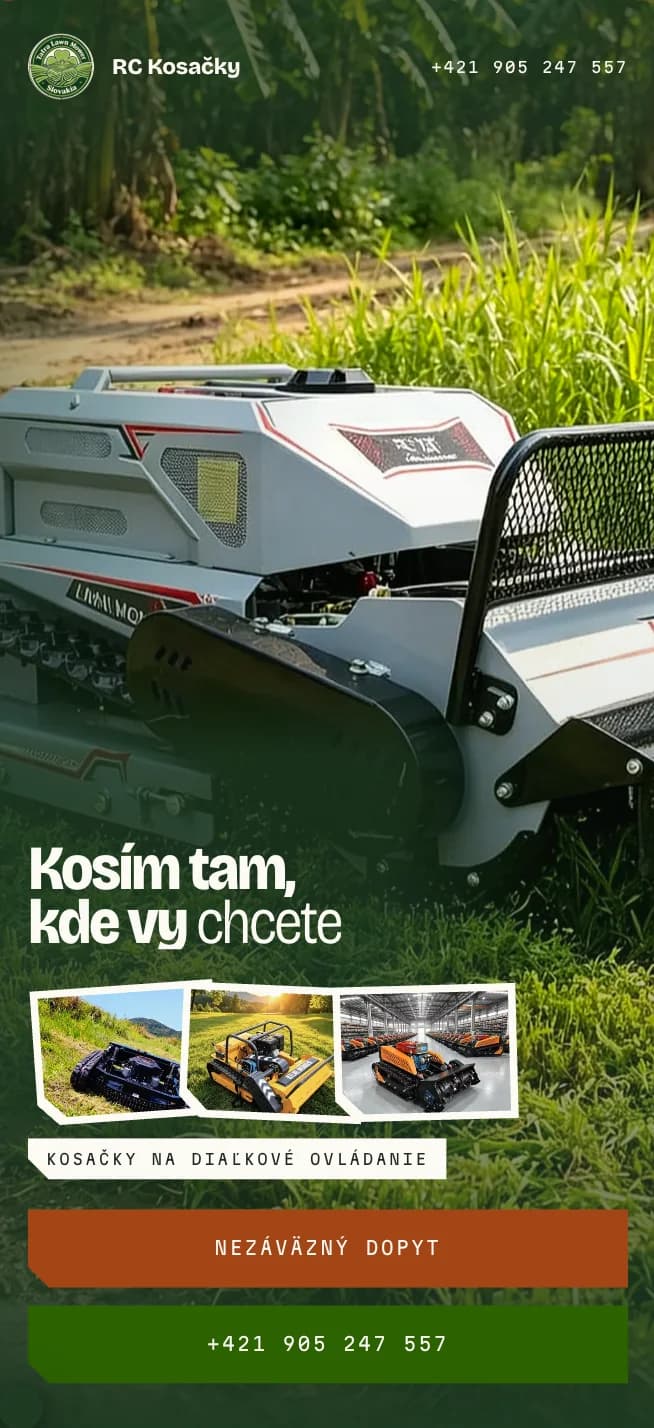 Mobile home screen of RC Kosačky Slovensko with a tracked mower, the slogan and contact buttons.