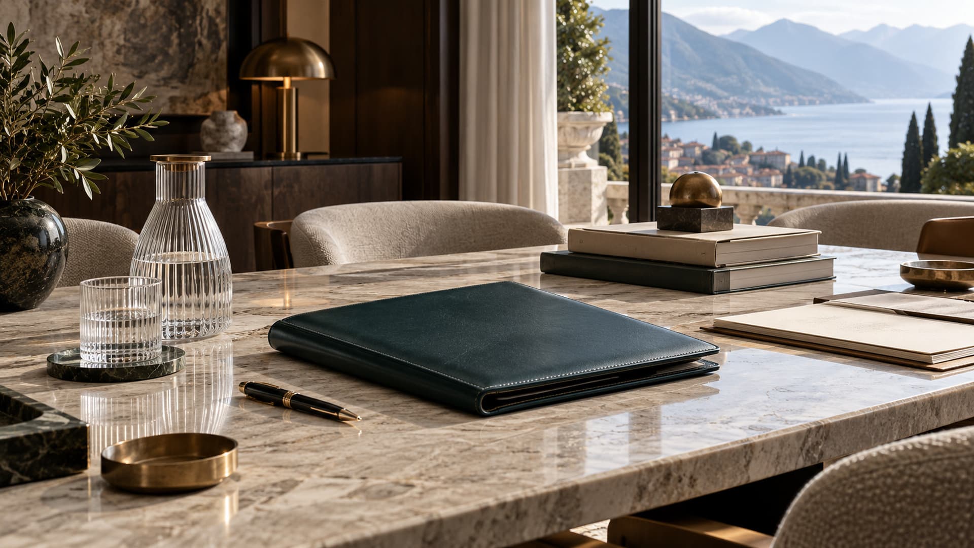 A quiet advisory interior with a dark green leather folder and a pen on a stone table, a lake and mountains outside the window.