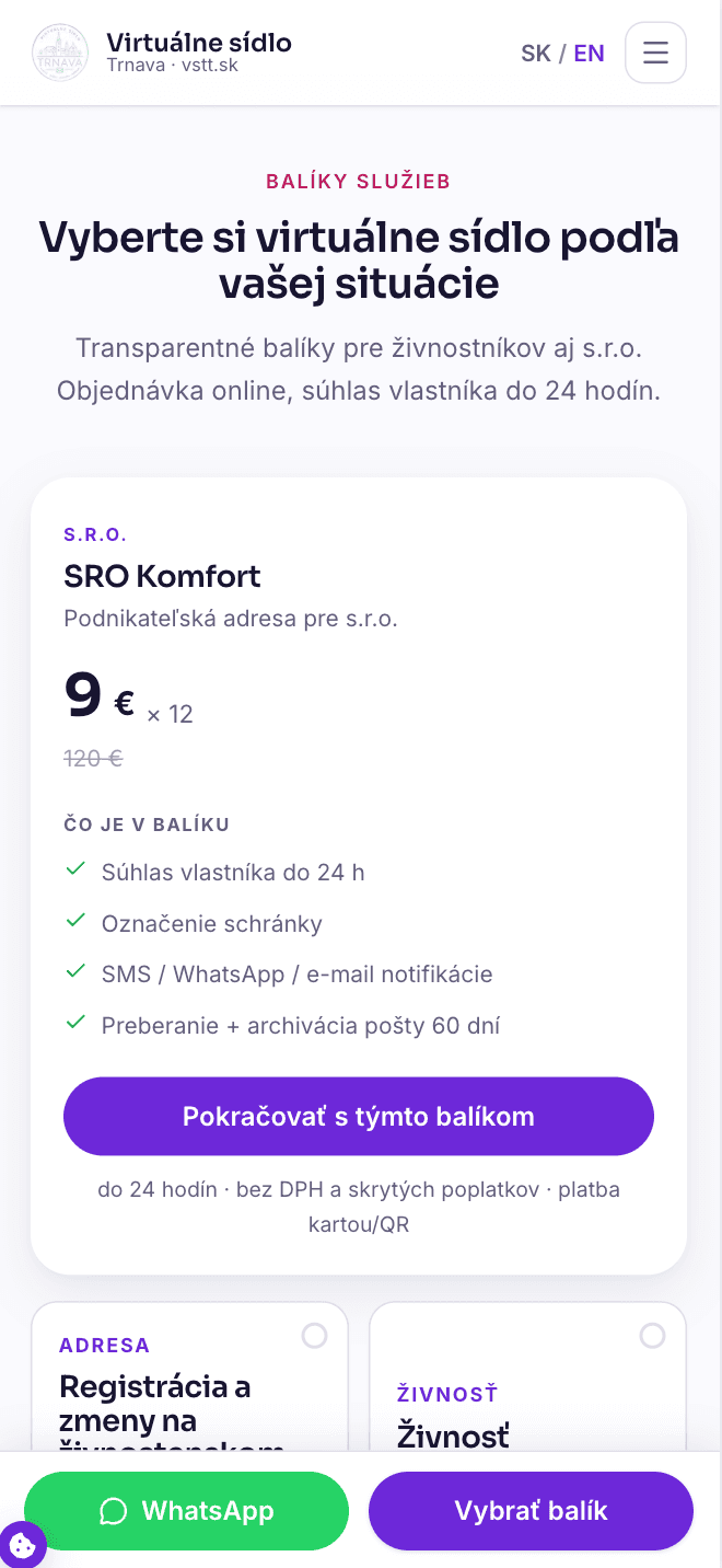 Package selection on a phone with SRO Komfort selected.