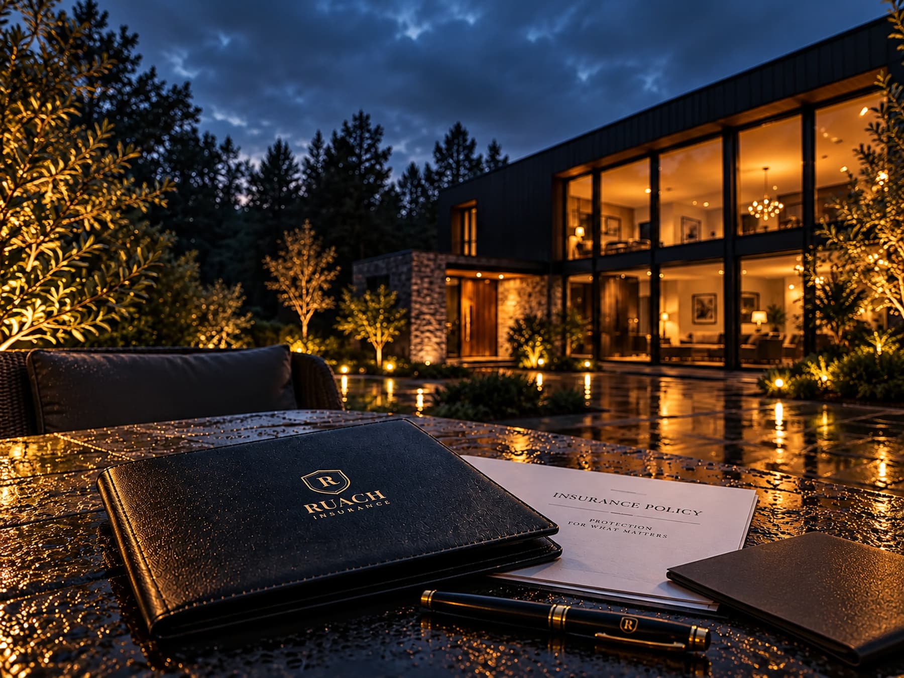 Atmospheric RUACH Insurance scene with insurance documents beside a modern house.