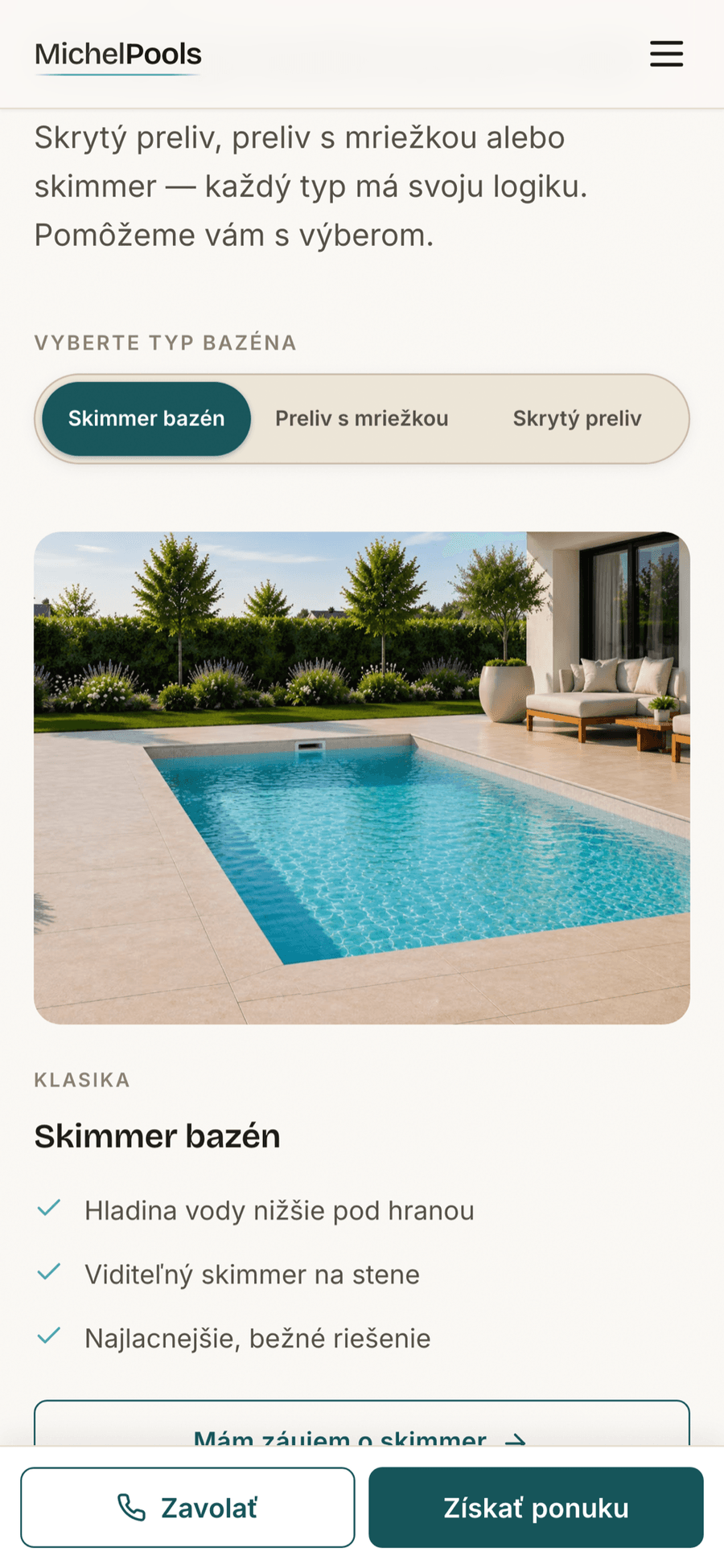 Michel Pools – Pool company website – Mobile — pools