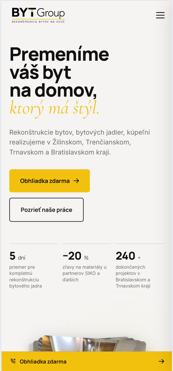 BYTGroup mobile home screen with a free site visit button.