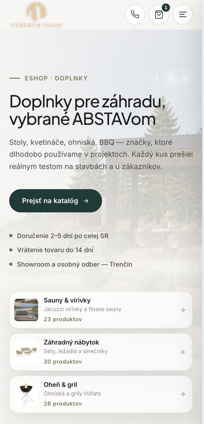 Mobile entry page of the Centrum Fasád e-shop with garden product categories.