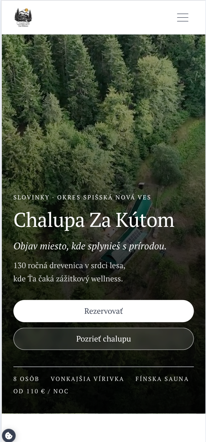 The Chalupa Za Kútom mobile home screen with an aerial view of the forest.