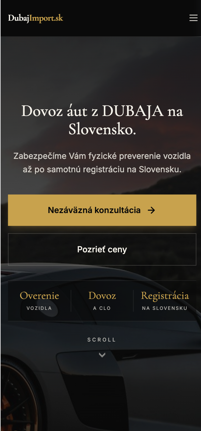 The Dubaj Import mobile home screen with the heading “Dovoz áut z Dubaja na Slovensko” and a button for a free consultation.