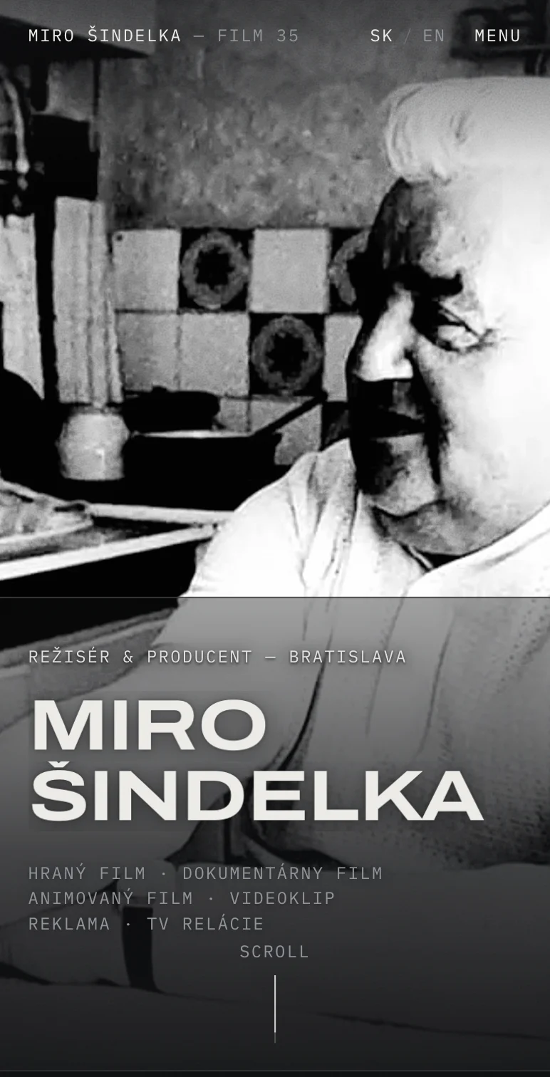 Mobile opening screen of Miro Šindelka’s website.