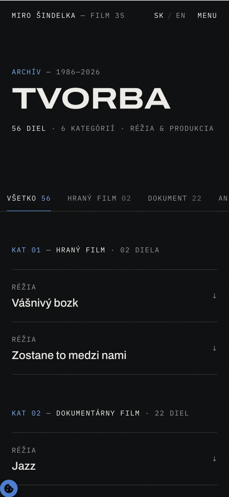 The mobile Tvorba page with 56 works and the filmography categories.
