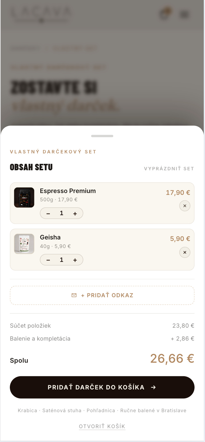 LACAVA mobile Gift Builder, set contents: Espresso Premium and Geisha, a Pridať odkaz button, total 26,66 €.