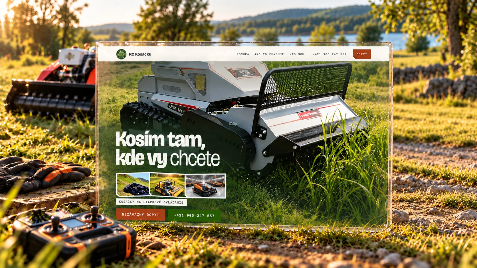 The RC Kosačky Slovensko home page with a tracked mower in the grass and the headline “Kosím tam, kde vy chcete” on a screen standing in a meadow; a remote controller and gloves in front, a red mower and a lake behind