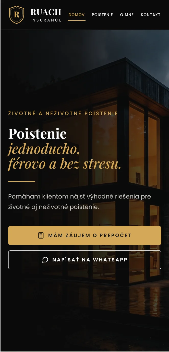 RUACH Insurance mobile home screen with the slogan “Poistenie jednoducho, férovo a bez stresu.” and two contact buttons.