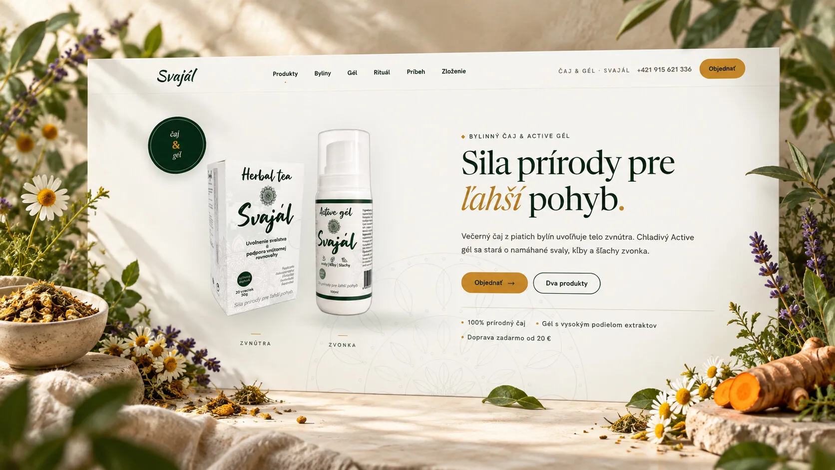 The Svajál website home screen among herbs, chamomile and a turmeric root.
