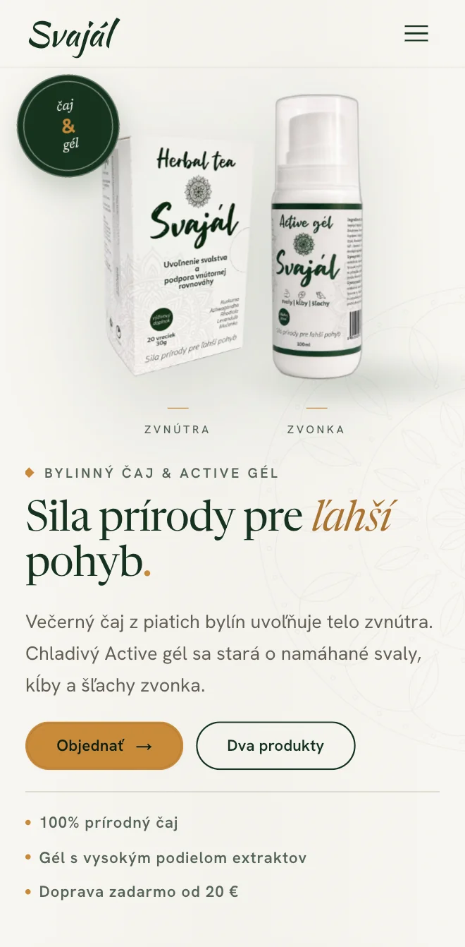 The Svajál website home screen on a phone with the tea, the Active gél and the Objednať button.