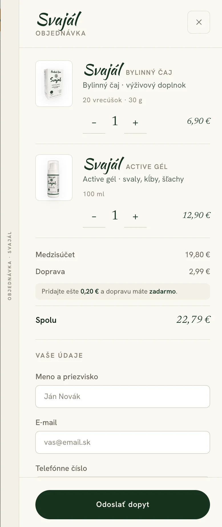 The Svajál website order panel on a phone with the products, the total, the form and the “Odoslať dopyt” button.