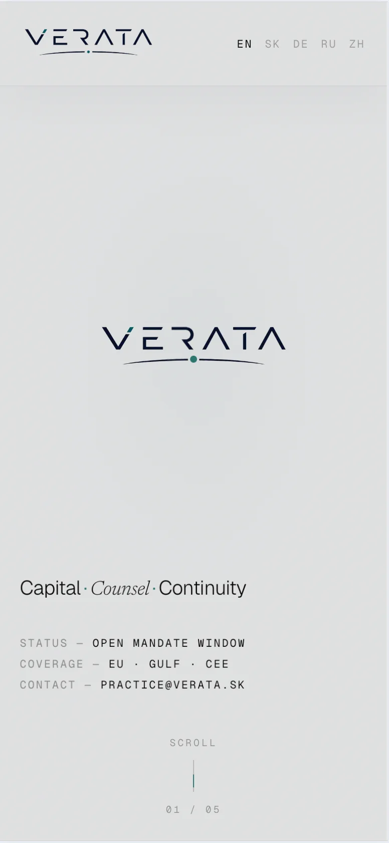 The VERATA home screen on a phone with the five-language switcher.