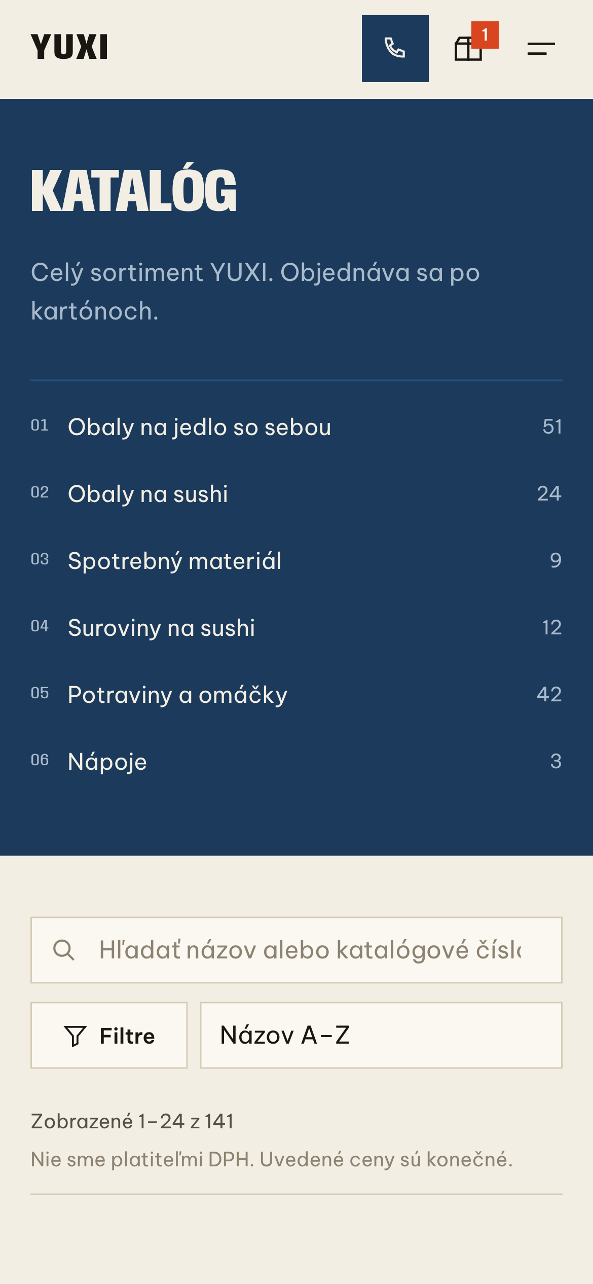 Mobile catalog on yuxi.sk: six departments from Obaly na jedlo so sebou (takeout packaging) to 06 Nápoje (beverages), search by name or catalog number, and Filtre (filters)