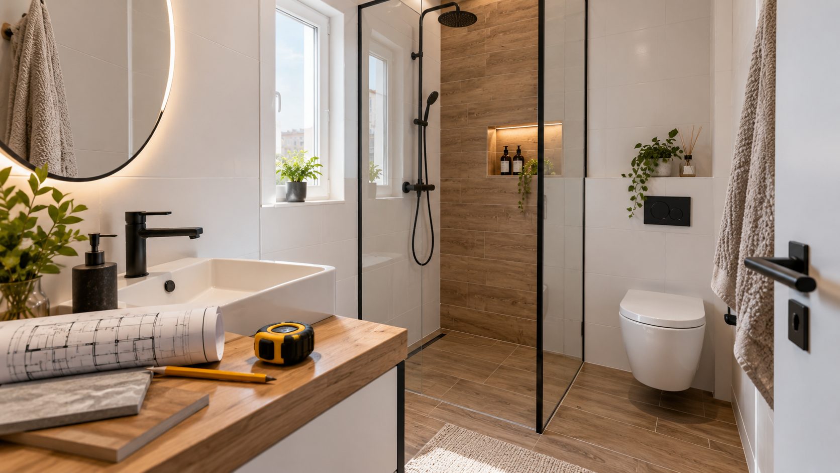 A renovated bathroom with a walk-in shower, wood-effect tiles and a wall-hung toilet, drawings and a tape measure on the counter