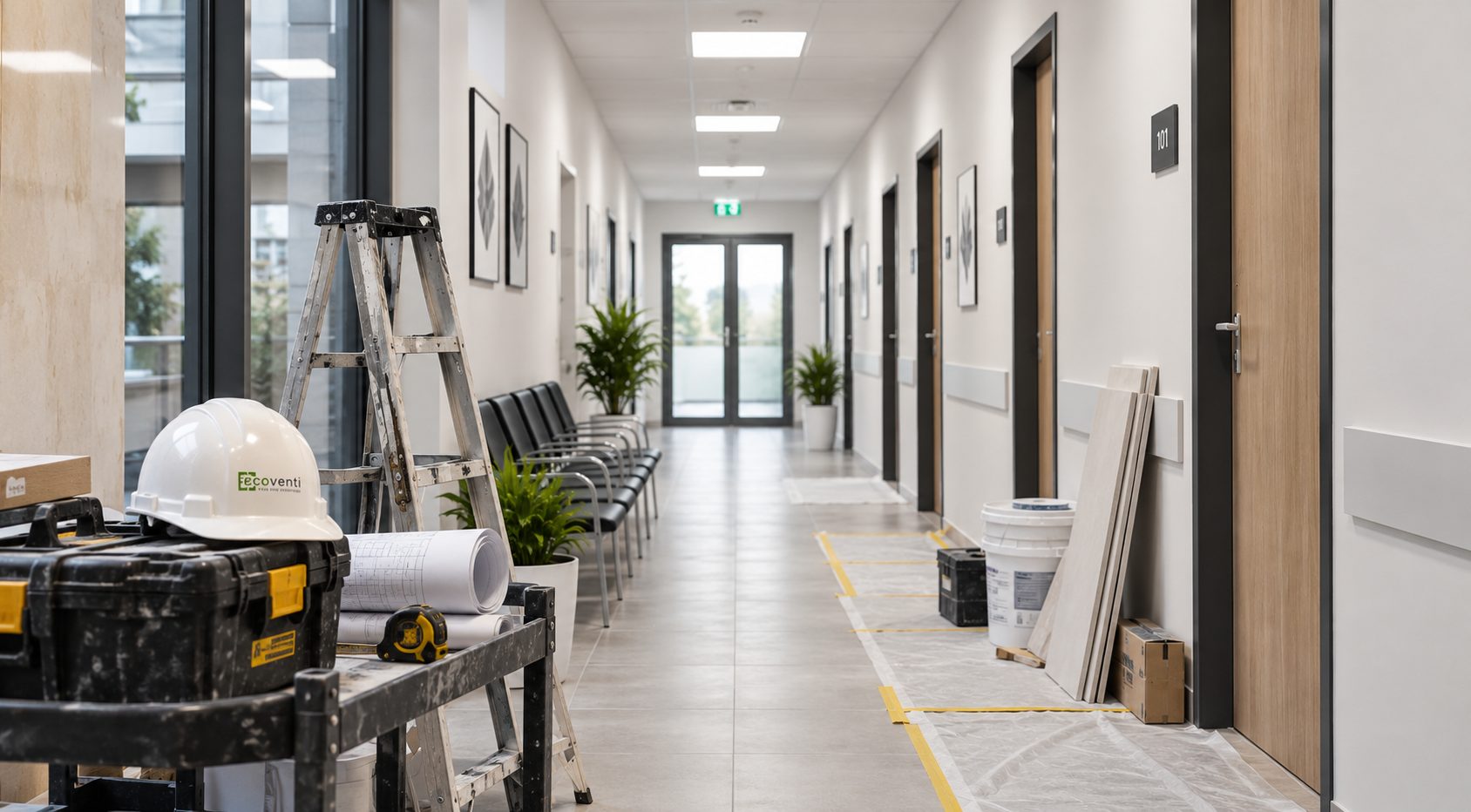 A public building corridor under renovation, a helmet with the Ecoventi logo, a ladder and a toolbox in front