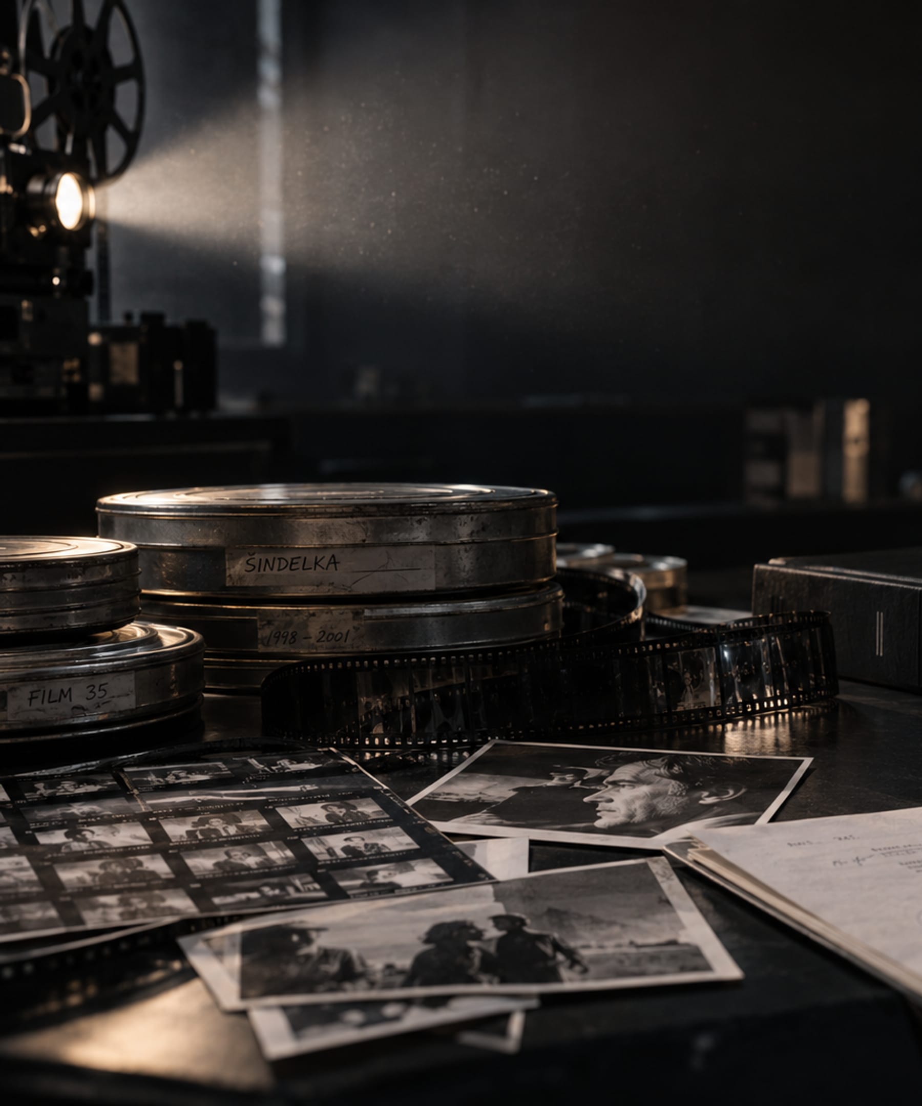 An editing table in low light: film reels, contact sheets and a FILM 35 folder