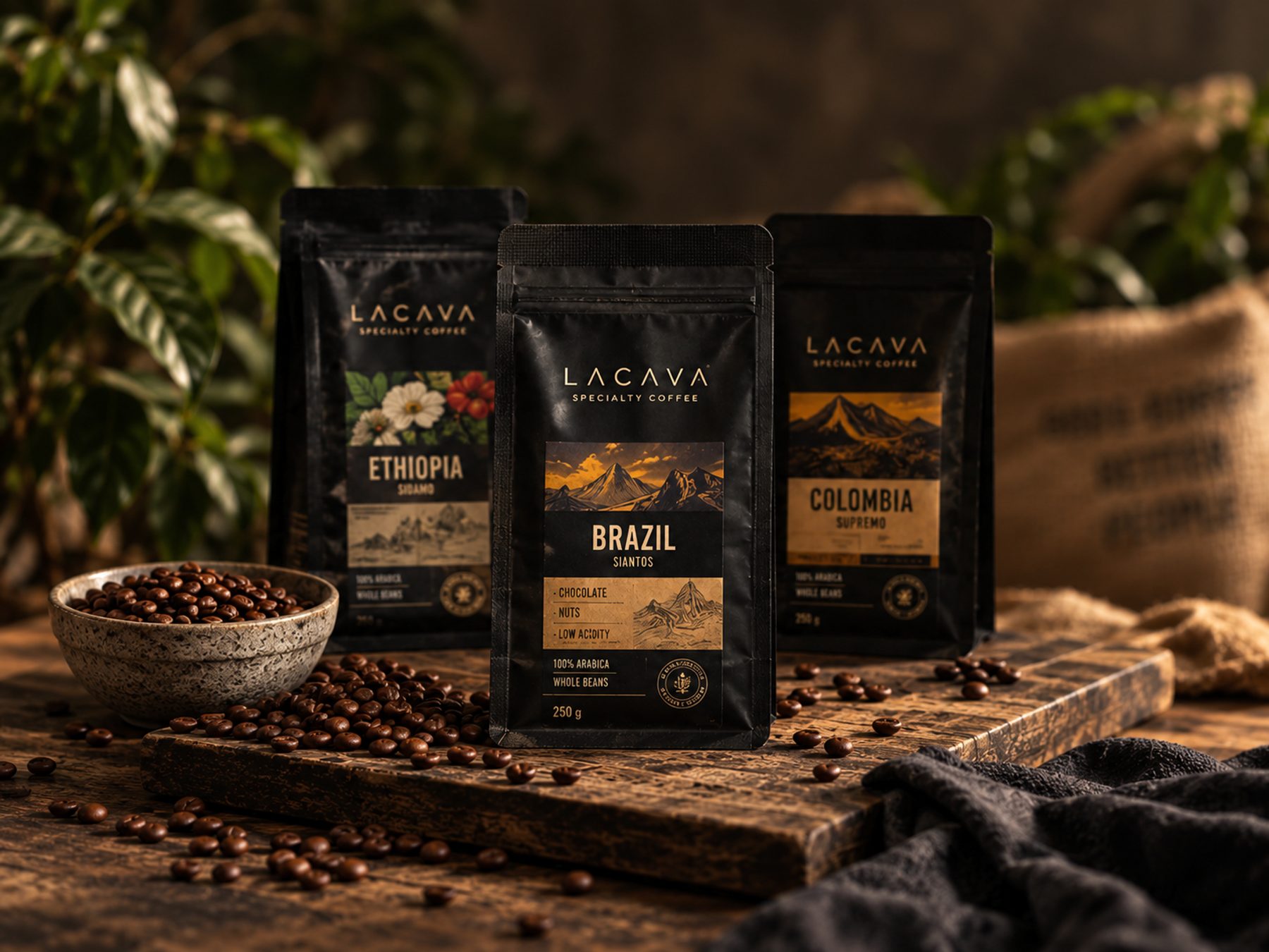 Three LACAVA specialty coffee bags on a wooden board, a bowl of beans and a coffee sack behind