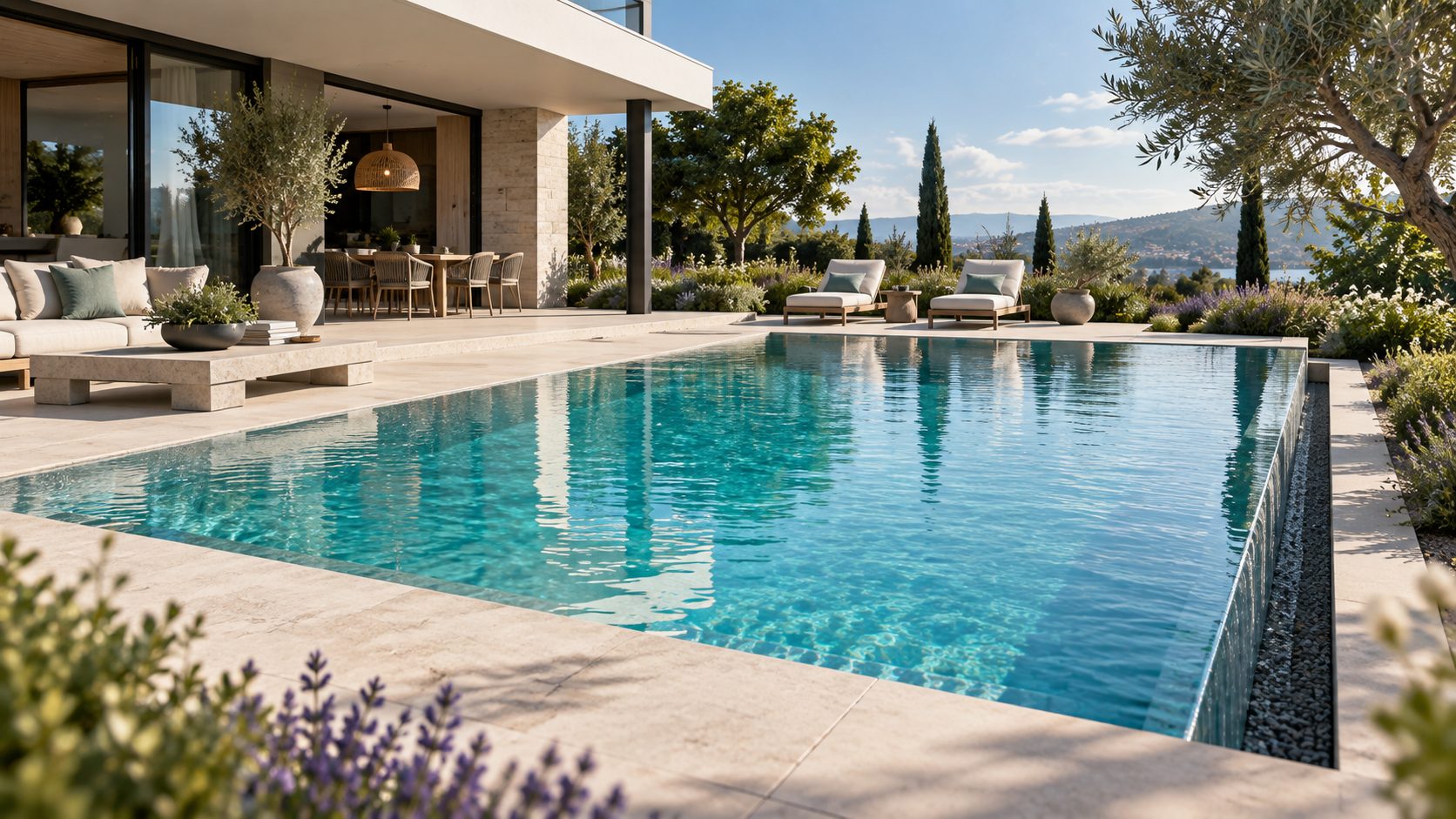 A pool with its water line flush with the stone terrace of a modern house, lavender and an olive tree