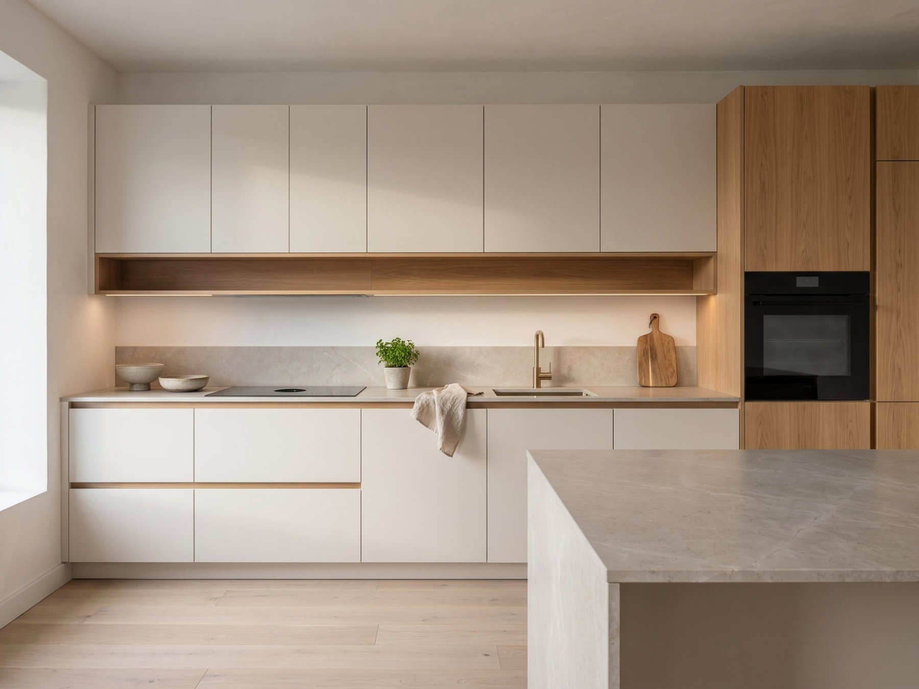 A visualization of a made-to-measure kitchen in light wood, white and stone — a concept from the RM design archive
