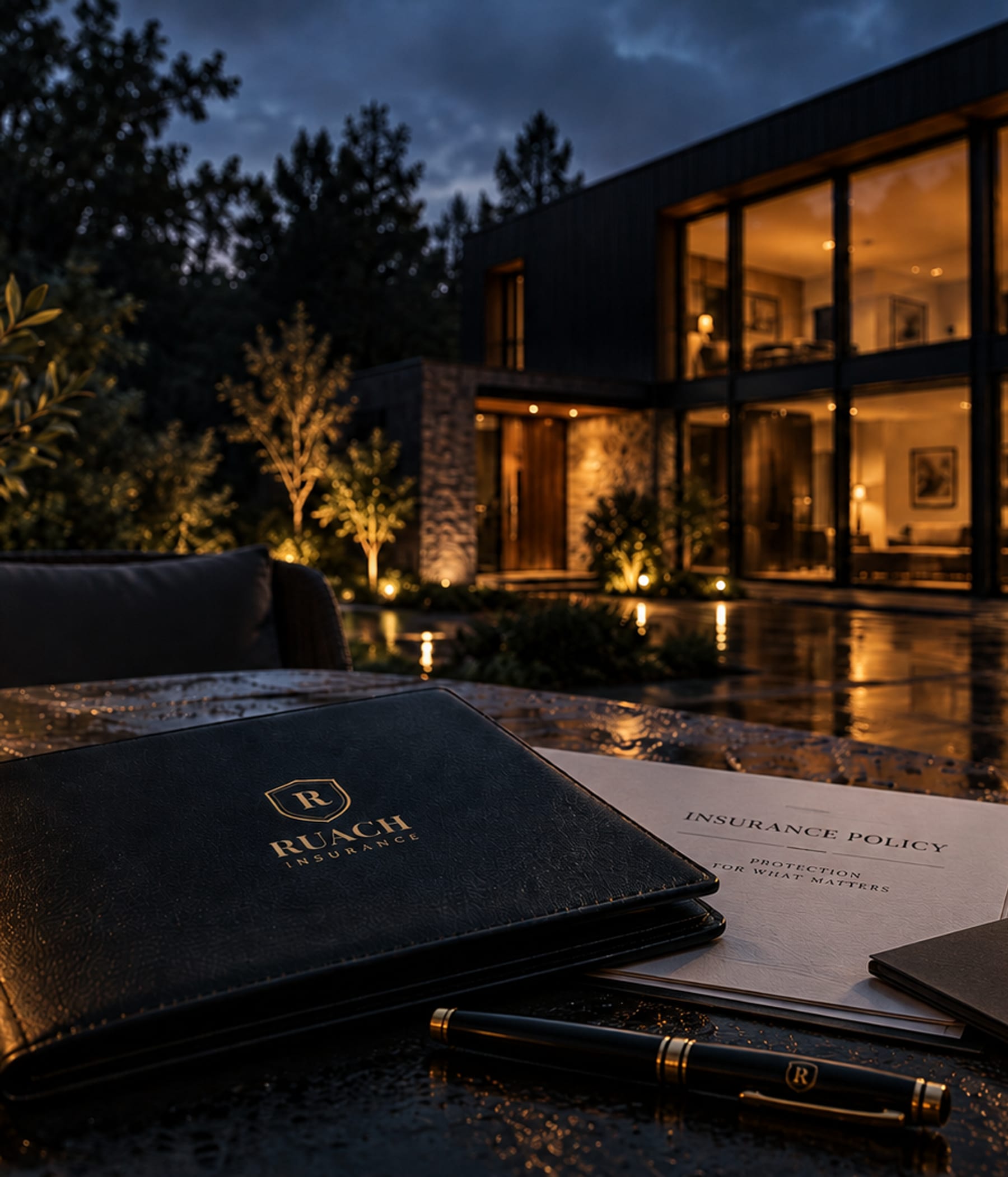 A RUACH Insurance leather folder and a policy on a table, a lit house at dusk behind