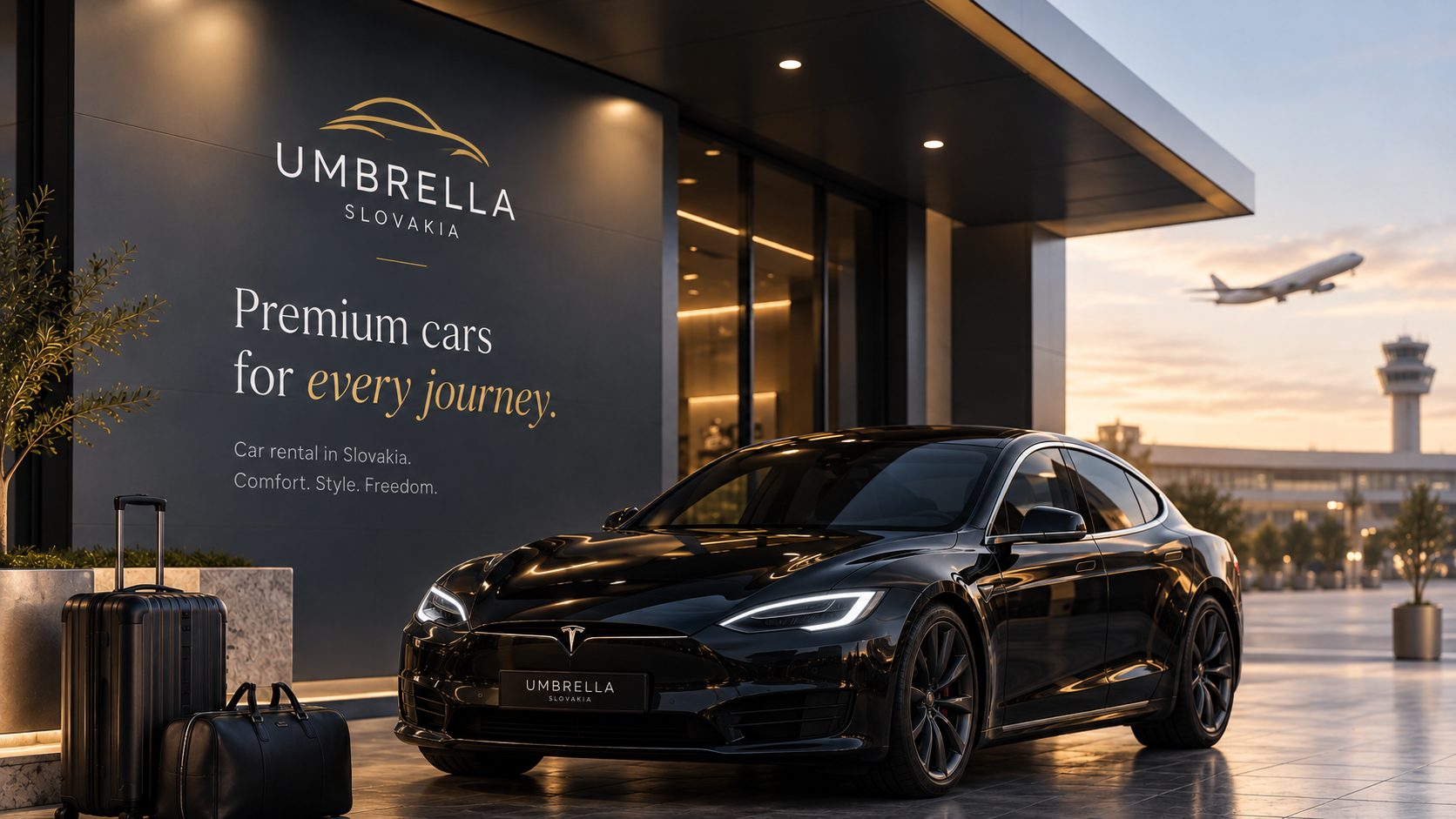 A black electric car outside an Umbrella Slovakia branch with the logo on the wall, luggage, and a plane over the airport behind