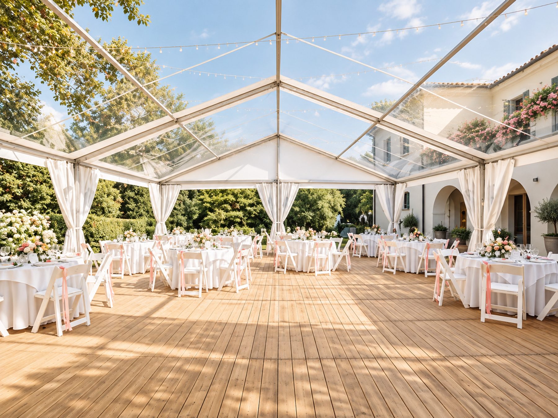 A wedding reception under a clear tent on the villa’s wooden terrace, round tables with white cloths and pink ribbons