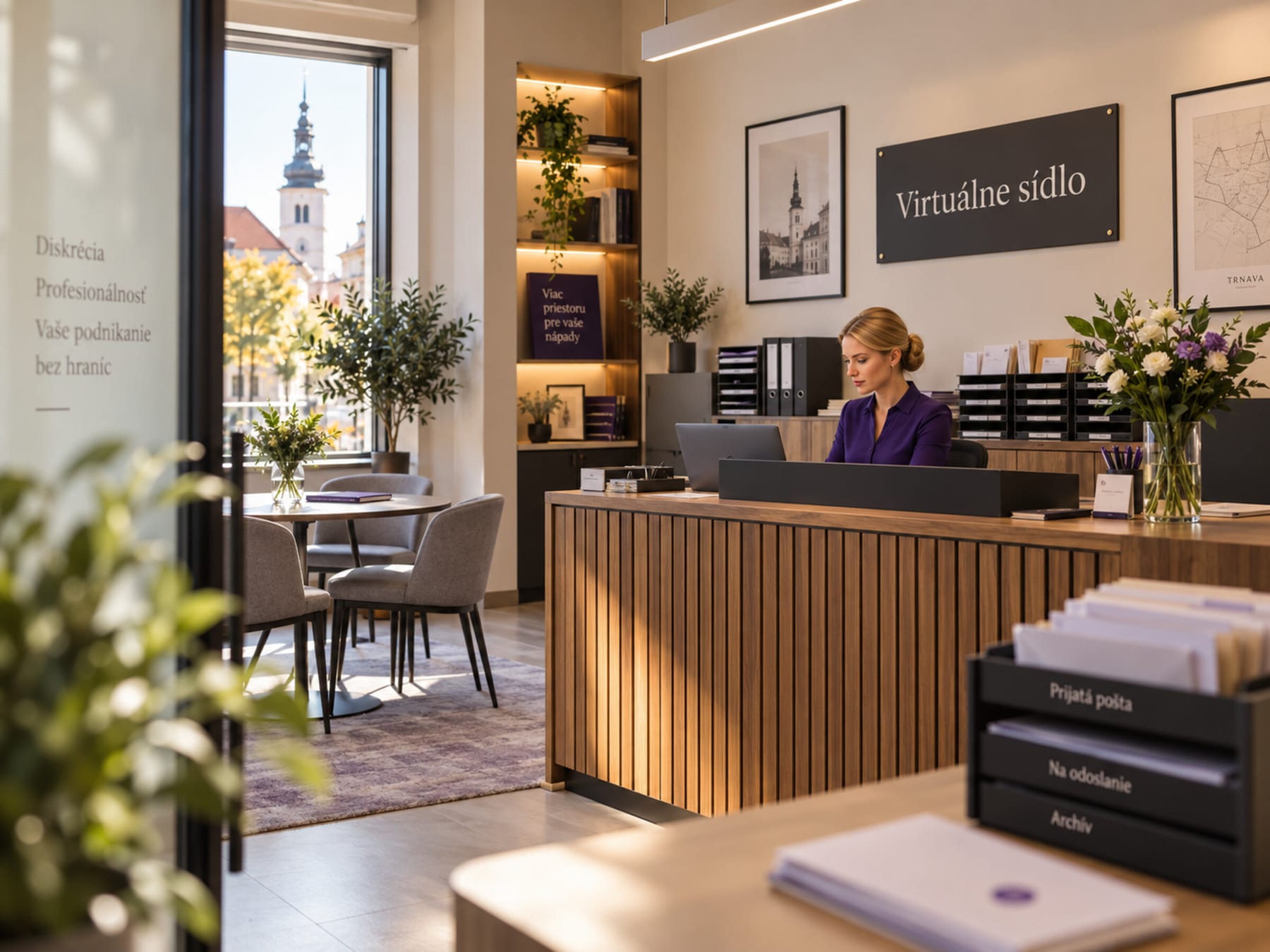 A virtual-office reception with a 'Virtuálne sídlo' sign on the wall, a receptionist at the desk with mail trays, a town tower through the window